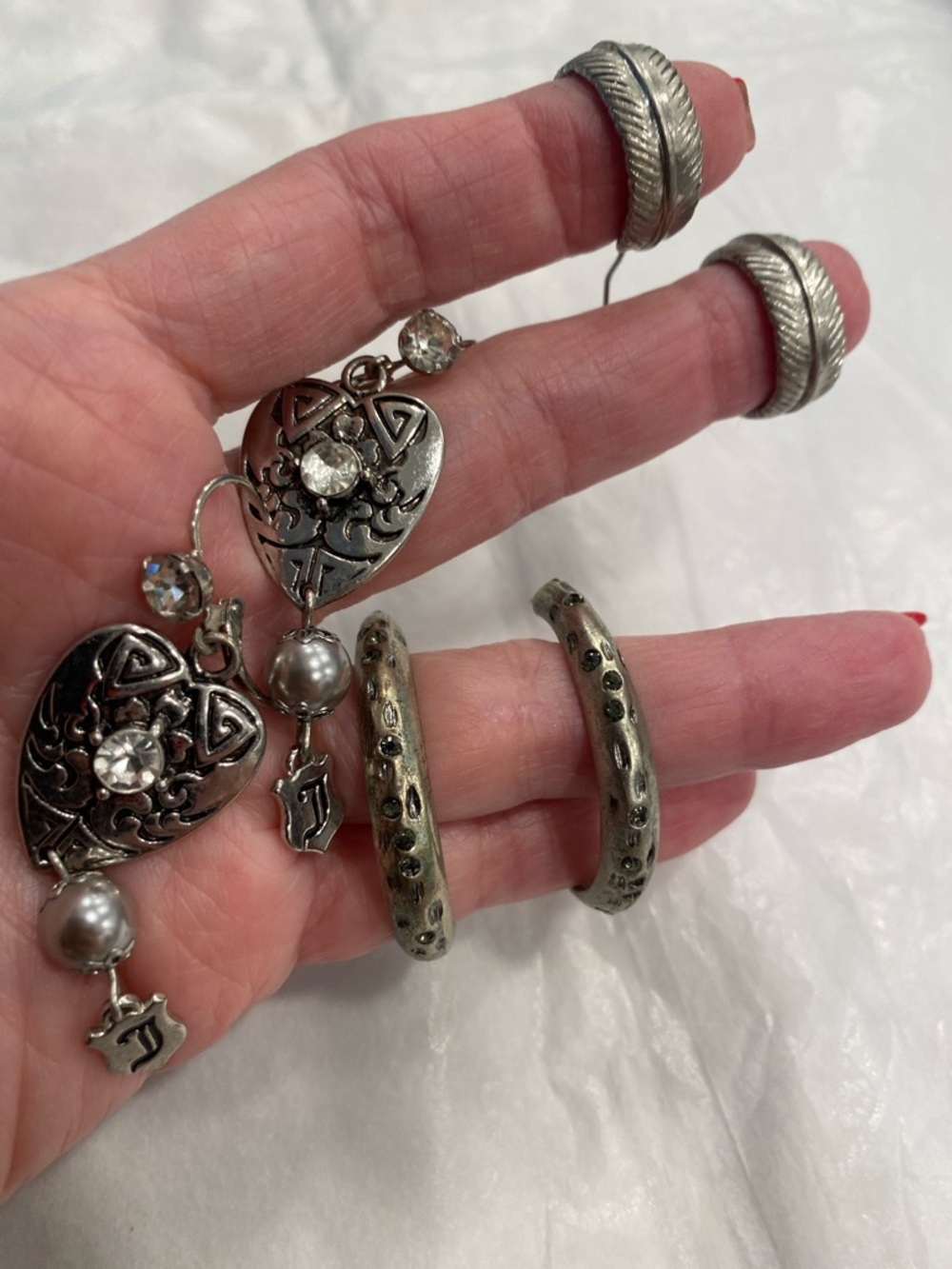 Silver Earring Bundle 3 Pair Set | Heart Dangle + Textured Hoops | Vintage Style - Picture 3 of 10